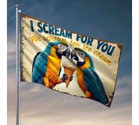 Petits drapeaux avec deux perroquets tenant un cornet de crème glacée avec le texte « I Scream For You » - Drapeaux de jardin amusants pour décoration de camping-car (30 x 45 cm)