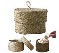 Petits paniers de rangement en jonc de mer avec couvercle boîte rangement ronde en paille avec poignée panier en osier organisation la maison pour collations clés décoration bureau