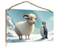 Petits panneaux en bois avec dictons « A Sheep And A Penguin Stand Together In A Snowy Landscape » - Accessoires de chambre pour homme - Panneaux amusants pour chambre à coucher (20 x 30 cm)