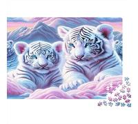 Petits Tigres Blancs Puzzle 1000 Pièces pour Adultes et Enfants, Deux Petits Tigres Blancs Ensemble, Art Moderne, Jeu Cadeau Unique, Activité Relaxante, Cadeau d'anniversaire, 52x38cm