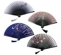 Petits ventilateurs de main pliants floraux, fan de 4pcs ventilateur pliable, fan chinois en bambou vintage avec gland et motifs exquis, décoratif pour la danse, mariage, cosplay, accessoires cost