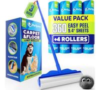 PetLovers Lot de 4 Rouleaux Laqueur Anti-peluches pour Sol, 1 Poteau avec Rouleau de Papier, 3 Grandes Recharges, 90 Feuilles Chacune, 360 Feuilles au Total