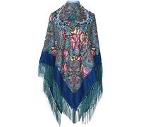 PETOSA Foulard carré russe - Bandeau ukrainien - Hijab musulman traditionnel - Bandana châle - Couverture en tissu avec pompons, bleu, 160x160cm