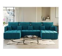 Petra - canapé panoramique en U - 7 places - convertible - avec coffre - en velours - Bleu canard