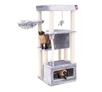 Petrebels Arbre à chat Lodge de 150 cm de haut, avec canapé XL, hamac et corde de jeu, arbre à chat pour plusieurs chats, couleur gris