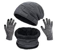 Petrunup Ensemble de Bonnet Gants et Echarpe Hiver Hommes, 3Pcs Beanie Gants Écrans Tactiles et Snood avec Doublure Chaude Adulte, Gris