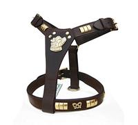 Pets2Care Harnais pour chien Staff Staffordshire en cuir noir et laiton avec sangle de fixation 58,4 à 71,1 cm (motif nœud du Staffy) Marron