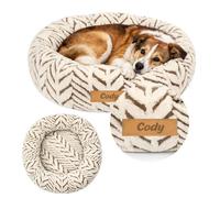 Petsen Panier Chien Personnalisé avec Nom, Panier Anti Stress Rond pour Petit et Grand Chien, Coussin Chien Lavable avec Base Antidérapante (Beige, S)