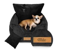 Petsen Siège Auto pour Chiens Petits et Moyens, Siège rehausseur pour Chien, Poche de Rangement, Laisse de sécurité, Coussin Amovible, Lit pour Chien + Le nom de Chien (Noir, 60 x 60 x 30 cm)