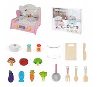 PETSOLA Cuisinière Jouet en Bois Cadeau d'anniversaire Cuisine Compacte en Bois Dinette pour Tout-Petits, Grand, Rose+Fruits
