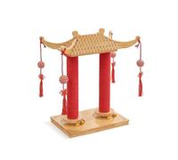 PETSOLA Perchoir à Chat avec Plateforme en Bois Perchoir à Chat avec Jouet Suspendu Stable Grattoir Jouet Suspendu pour, Poteau À Griffer De Palais À Double Colonne, Rouge Chinois, avec Vernis