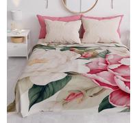 PETTI Artigiani Italiani - Couvre-Lit 220x250 cm Microfibre, Printemps Été, Parure de Lit Légère Double, Draps Une Personne Et Demie, Floral Vert Lilas Beige, 100% Fabriqué en Italie