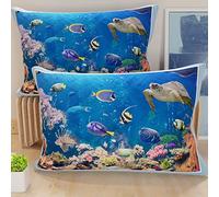 PETTI Artigiani Italiani - Lot de 2 Taies d'Oreillers 50x70 cm 100% Microfibre Hypoallergénique, Housse Oreiller Rectangulaire Poissons Bleu, Paquet de 2, Fabriqué en Italie