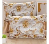PETTI Artigiani Italiani - Lot de 2 Taies d'Oreillers 60x40 cm 100% Microfibre Hypoallergénique, Housse Oreiller Rectangulaire Motif Floral Blanc Doré, Paquet de 2, Fabriqué en Italie
