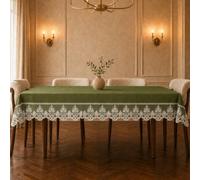 PETTI Artigiani Italiani Nappe en Velours avec Dentelle Rebrodé 360 x 140 cm (Rectangulaire), Nappe Rectangulaire Élégante pour Salle à Manger et Cuisine, 12 Personnes, Vert Olive avec Dentelle