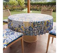 PETTI Artigiani Italiani - Nappe Ronde Anti-Tache Microfibre (Diamètre Ø 220 cm), Nappes en Tissu de Cuisine pour Table Ronde, Motif Vietri 02 Bleu, 100% Fabriqué en Italie