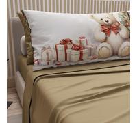 PETTI Artigiani Italiani - Parure de Draps Noël 1 Place et demie Française, Draps en Coton avec Taies à Impression Digitale, Motif Ourson 01 Taupe, 100% Made in Italy