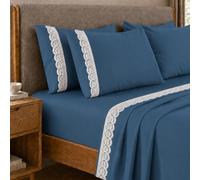 PETTI Artigiani Italiani - Parure de lit Double en Percale de Coton avec Dentelle San Gallo, Bleu Marine, 4 pièces, 100% fabriquée en Italie
