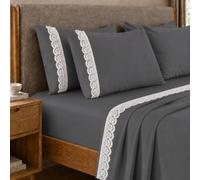 PETTI Artigiani Italiani - Parure de lit Double en Percale de Coton avec Dentelle San Gallo Gris fumé, 4 pièces, 100% fabriquée en Italie
