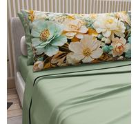 Petti Artigiani Italiani - Parure de lit en Coton avec taies d'oreiller en Impression numérique, draps 1 Place et demie, Parure de lit 1 Place et demie, Florale 9 Sauge, 100% Made in Italy
