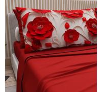 Petti Artigiani Italiani - Parure de lit en Coton avec taies d'oreiller en Impression numérique, lit Double Maxi, Drap Dessus et Dessous avec Angles, Floral 05 14 Rouge, 100% fabriqué en Italie