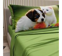 PETTI Artigiani Italiani - Parure de lit pour Animaux avec Chats et Chiens en Coton avec taies d'oreiller en Impression numérique, draps Une Pizza et demie, Une Place et demie Verte, 100% fabriqué en