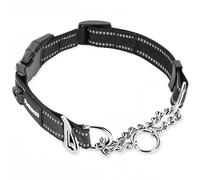 PETTOM Collier Chien en Nylon Réfléchissant avec Chaîne Métallique, Fermeture Sécurisée à Clip Rapide, 2 Mode Utilisation pour Éducation et Promenade, Noir L
