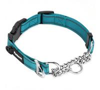 PETTOM Collier Chien en Nylon Réfléchissant avec Chaîne Métallique, Fermeture Sécurisée à Clip Rapide, 2 Mode Utilisation pour Éducation et Promenade, Bleu M