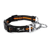 PETTOM Collier Étrangleur Chien avec Bouton Sécurité pour Moyen Grand Chien Collier Nylon Chaîne avec Bande Réfléchissante et Anneau Accrocher Plaque Identification Chien(L: 52-71CM, Orange)