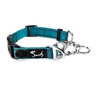 PETTOM Collier Étrangleur Chien avec Bouton Sécurité pour Moyen Grand Chien Collier Nylon Chaîne avec Bande Réfléchissante et Anneau Accrocher Plaque Identification Chien(L: 52-71CM, Bleu)