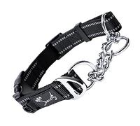 PETTOM Collier Semi Étrangleur Réglable en Nylon pour Chien avec Bande Réfléchissante et Anneau pour Étiquettes de Nom (M: 43-52CM, Noir)