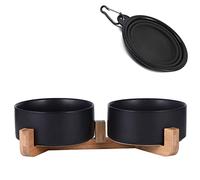 Petygooing Gamelles en céramique Noire avec Support en Bois pour Nourriture et Eau, Ensemble de gamelles lestées antidérapantes et Modernes pour Chats et Petits Chiens (382,7 g/13 cm)