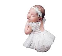 Petyoung Barboteuse en dentelle pour bébé fille avec bandeau jupe et bandeau, body en dentelle une pièce pour nouveau-né fille, blanc, M