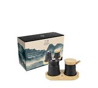 PEUGEOT - Coffret Cadeau Bali Palais des Épices - Moulin à Poivre 8 cm En Fonte + Main à Sel En Fonte + Plateau en Bambou - Réglage Classique - Coloris Noir/Bois Naturel