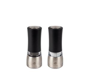 PEUGEOT -Duo Moulin à Poivre + Moulin à Sel Électriques Daman u'Select 16cm -6 Réglages De Moutures Prédéfinies -Grains De Poivre +Sel Gemme Inclus -En Aluminium -Designé En France -Coloris Noir Irisé