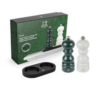 PEUGEOT - Duo Paris Moulin à Poivre Vert Forêt + Moulin à Sel Ivoire 15 cm + Plateau Bambou Noir Mat - Réglage Classique - En Bois Labellisé PEFC - Fabrication Française