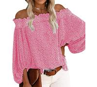 Peuignao Blouse Épaules Dénudées Femme Chic Et Élégant Chemisier Fleuri Mousseline Bouffante Fleurie Fluide Femme Grande Taille Rose L Manche Longue Col V Pompons Manches Lanterne Polyester