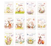 PEUTIER 36pcs Cartes de Voux de Pâques, 15x10cm 12 Styles Joyeuses Pâques Cartes de Notes Lapin Oufs Colorés Panier Carte Lapin Décorative pour Cadeau d'Échange en Classe Fournitures de Fête