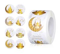 PEUTIER 500pcs Autocollants Eid Mubarak, Autocollants Ramadan 3,8cm Décoration Musulmane Islamique Étiquettes Ramadan pour Décoration Fête de l'Aïd Fournitures de Fête du Ramadan(Or)