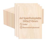 Peviasot Lot de 12 plaques de contreplaqué de 3 mm - 300 x 210 mm - En bois de tilleul - Découpe sur bois de bricolage - Pour modélisme, découpe laser, gravure au bois, peinture à l'huile