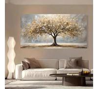 PEWFBS Élégant arbre de vie avec feuilles dorées, toile murale, paysage d'automne, affiches imprimées dorées et beiges pour la décoration intérieure, 70 x 140 cm, sans cadre