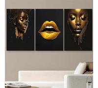 PEWFBS Ensemble de 3 toiles représentant des femmes africaines, avec des éclaboussures d'encre dorée et des motifs abstraits, idéal pour le salon (30 x 40 cm x 3 / sans cadre).