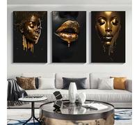 PEWFBS Ensemble de toiles représentant des femmes africaines chics - Portraits dorés et noirs aux lèvres audacieuses, décoration murale moderne et pop pour le salon (30 x 45 cm x 3 / Sans cadre)