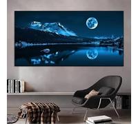 PEWFBS Impression sur toile représentant un paysage nocturne montagneux bleu, reflet de la lune sur un lac, affiche de paysage naturel pour décoration de salon, 55 x 110 cm, sans cadre