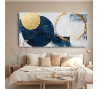 PEWFBS Tableau sur toile « Cercles bleus et dorés », peinture abstraite moderne bleu marine, affiche pour salon (20 x 40 cm/sans cadre)
