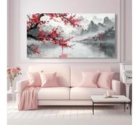 PEWFBS Tableau sur toile représentant un paysage de montagne aux pruniers, peinture abstraite moderne, décoration pour salon, chambre, bureau ou maison (70 x 140 cm/sans cadre)