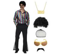 pewjury Costume disco des années 70 pour homme - 7 pièces - Tenue de fête rétro avec chemise pailletée, pantalon évasé, perruques, collier, moustache, lunettes de soleil, filet de perruque