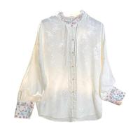 PEWRESLORS Chemise blanche brodée vintage pour femme - Chemise de méditation zen - Costume de Hanfu - Haut de robe de thé, blanc, XL