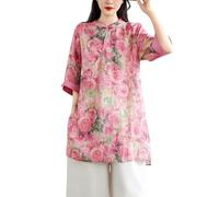 PEWRESLORS T-shirt traditionnel Hanfu en coton - Haut décontracté - Haut ample mi-long - Haut de Tai Chi, rose, XL
