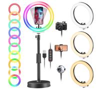 PEYOU Ring Light avec Support et Support de téléphone, 10" dimmable Desktop LED & RBG Circle Light for Zoom Meeting, Computer, Lighting Kit Gifts for Live Streaming, Video, Makeup, Youtube, Tiktok